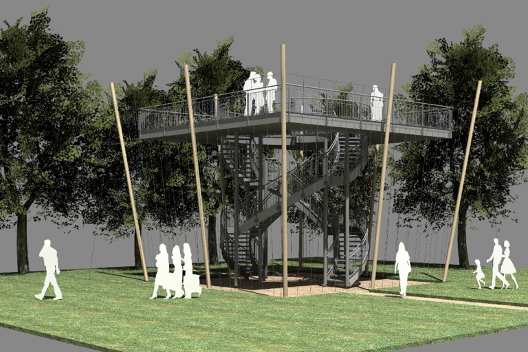 So sieht laut Entwurfsplan der von Hopfenpflanzen umgebene Aussichtsturm aus, der im künftigen Bürgerpark entstehen soll.