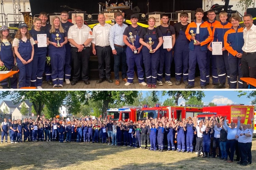 Das obere Bild zeigt die Siegerinnen und Sieger zusammen mit Kreisbrandrat Christian Nitschke, Kreisfeuerwehr-Jugendwart Bert Krammer, Landrat Albert Gürtner sowie Ludwig Friedl, dem Kommandant der Feuerwehr von Münchsmünster. Fotos: Rottler, Krammer
