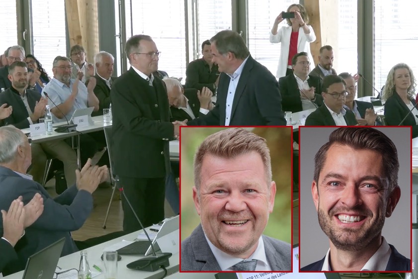 Im Hintergrund gratuliert Landrat Albert Gürtner (rechts) seinem bisherigen und künftigen Vize Karl Huber. Zu weiteren Stellvertretern wurden Andreas Aichele (kleines Bild, links) und Georg Ott (kleines Bild, rechts) gewählt. Fotos: oh